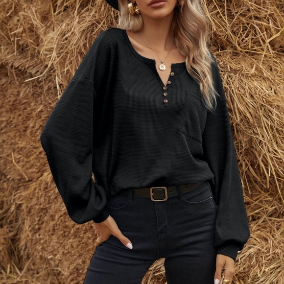 Fall button detail pocket waffle long sleeve top - Picture 4 of 11